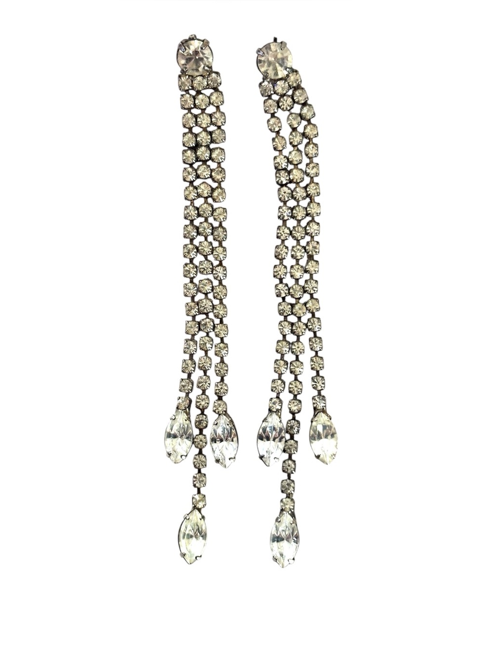 Vintage rhinestone dangling cascading pierced teardrop earrings 4” long - Picture 2 of 3